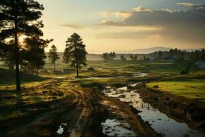 hermosa ver de un té campo plantación, viñedo granja o fresa jardín en el verde colinas a amanecer concepto por ai generado foto