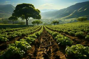 hermosa ver de un té campo plantación, viñedo granja o fresa jardín en el verde colinas a amanecer concepto por ai generado foto