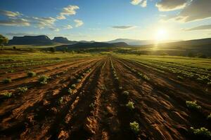 hermosa ver de un té campo plantación, viñedo granja o fresa jardín en el verde colinas a amanecer concepto por ai generado foto