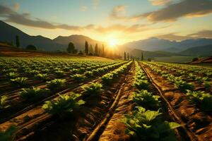 Beautiful view of a tea field plantation, vineyard farm or strawberry garden in the green hills at sunrise concept by AI Generated photo