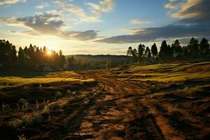 Beautiful view of a tea field plantation, vineyard farm or strawberry garden in the green hills at sunrise concept by AI Generated photo