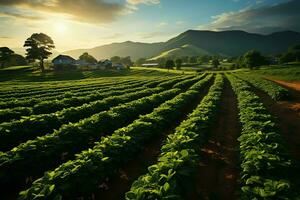 hermosa ver de un té campo plantación, viñedo granja o fresa jardín en el verde colinas a amanecer concepto por ai generado foto