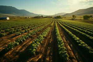 hermosa ver de un té campo plantación, viñedo granja o fresa jardín en el verde colinas a amanecer concepto por ai generado foto