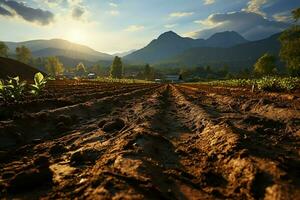 hermosa ver de un té campo plantación, viñedo granja o fresa jardín en el verde colinas a amanecer concepto por ai generado foto