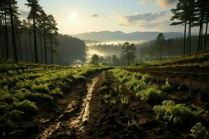 hermosa ver de un té campo plantación, viñedo granja o fresa jardín en el verde colinas a amanecer concepto por ai generado foto