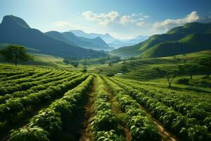 hermosa ver de un té campo plantación, viñedo granja o fresa jardín en el verde colinas a amanecer concepto por ai generado foto