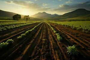 Beautiful view of a tea field plantation, vineyard farm or strawberry garden in the green hills at sunrise concept by AI Generated photo