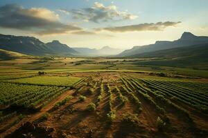 Beautiful view of a tea field plantation, vineyard farm or strawberry garden in the green hills at sunrise concept by AI Generated photo