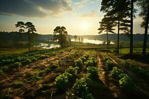 hermosa ver de un té campo plantación, viñedo granja o fresa jardín en el verde colinas a amanecer concepto por ai generado foto