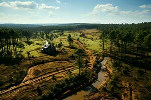 hermosa ver de un té campo plantación, viñedo granja o fresa jardín en el verde colinas a amanecer concepto por ai generado foto