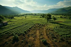 Beautiful view of a tea field plantation, vineyard farm or strawberry garden in the green hills at sunrise concept by AI Generated photo