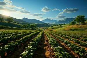 Beautiful view of a tea field plantation, vineyard farm or strawberry garden in the green hills at sunrise concept by AI Generated photo