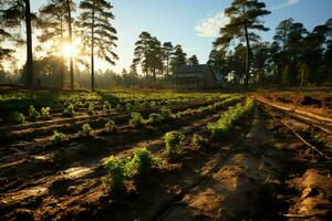 Beautiful view of a tea field plantation, vineyard farm or strawberry garden in the green hills at sunrise concept by AI Generated photo