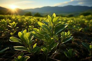 Beautiful view of a tea field plantation, vineyard farm or strawberry garden in the green hills at sunrise concept by AI Generated photo