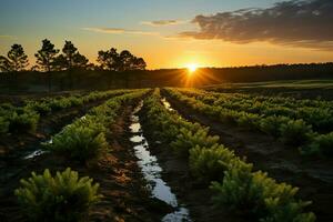 Beautiful view of a tea field plantation, vineyard farm or strawberry garden in the green hills at sunrise concept by AI Generated photo