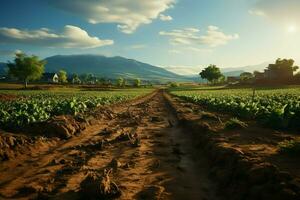 hermosa ver de un té campo plantación, viñedo granja o fresa jardín en el verde colinas a amanecer concepto por ai generado foto