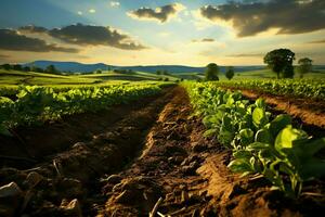 Beautiful view of a tea field plantation, vineyard farm or strawberry garden in the green hills at sunrise concept by AI Generated photo