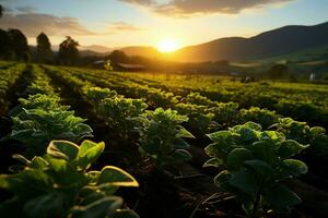 Beautiful view of a tea field plantation, vineyard farm or strawberry garden in the green hills at sunrise concept by AI Generated photo