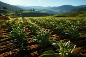 hermosa ver de un té campo plantación, viñedo granja o fresa jardín en el verde colinas a amanecer concepto por ai generado foto