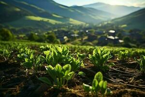 Beautiful view of a tea field plantation, vineyard farm or strawberry garden in the green hills at sunrise concept by AI Generated photo