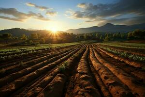 hermosa ver de un té campo plantación, viñedo granja o fresa jardín en el verde colinas a amanecer concepto por ai generado foto