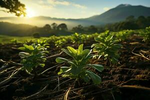 Beautiful view of a tea field plantation, vineyard farm or strawberry garden in the green hills at sunrise concept by AI Generated photo