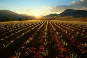 hermosa ver de un té campo plantación, viñedo granja o fresa jardín en el verde colinas a amanecer concepto por ai generado foto