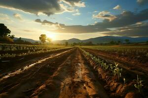 hermosa ver de un té campo plantación, viñedo granja o fresa jardín en el verde colinas a amanecer concepto por ai generado foto