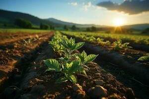 Beautiful view of a tea field plantation, vineyard farm or strawberry garden in the green hills at sunrise concept by AI Generated photo