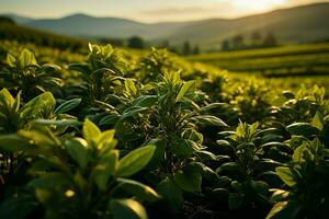 hermosa ver de un té campo plantación, viñedo granja o fresa jardín en el verde colinas a amanecer concepto por ai generado foto