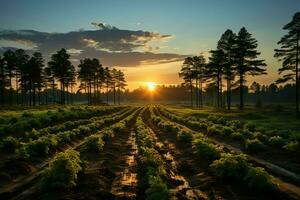 hermosa ver de un té campo plantación, viñedo granja o fresa jardín en el verde colinas a amanecer concepto por ai generado foto