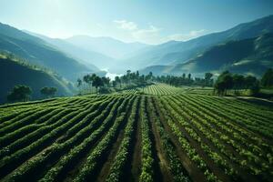 Beautiful view of a tea field plantation, vineyard farm or strawberry garden in the green hills at sunrise concept by AI Generated photo