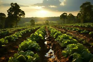 hermosa ver de un té campo plantación, viñedo granja o fresa jardín en el verde colinas a amanecer concepto por ai generado foto