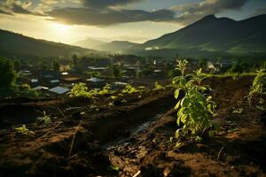 Beautiful view of a tea field plantation, vineyard farm or strawberry garden in the green hills at sunrise concept by AI Generated photo