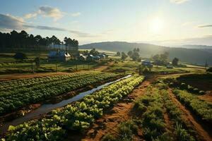 hermosa ver de un té campo plantación, viñedo granja o fresa jardín en el verde colinas a amanecer concepto por ai generado foto