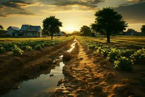 hermosa ver de un té campo plantación, viñedo granja o fresa jardín en el verde colinas a amanecer concepto por ai generado foto