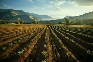 hermosa ver de un té campo plantación, viñedo granja o fresa jardín en el verde colinas a amanecer concepto por ai generado foto