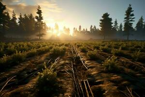 hermosa ver de un té campo plantación, viñedo granja o fresa jardín en el verde colinas a amanecer concepto por ai generado foto