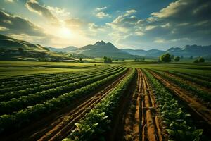 hermosa ver de un té campo plantación, viñedo granja o fresa jardín en el verde colinas a amanecer concepto por ai generado foto