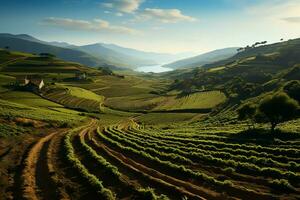 Beautiful view of a tea field plantation, vineyard farm or strawberry garden in the green hills at sunrise concept by AI Generated photo