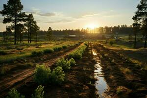 hermosa ver de un té campo plantación, viñedo granja o fresa jardín en el verde colinas a amanecer concepto por ai generado foto