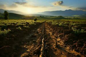 hermosa ver de un té campo plantación, viñedo granja o fresa jardín en el verde colinas a amanecer concepto por ai generado foto