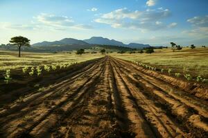 hermosa ver de un té campo plantación, viñedo granja o fresa jardín en el verde colinas a amanecer concepto por ai generado foto