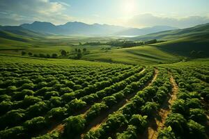 Beautiful view of a tea field plantation, vineyard farm or strawberry garden in the green hills at sunrise concept by AI Generated photo