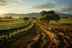 hermosa ver de un té campo plantación, viñedo granja o fresa jardín en el verde colinas a amanecer concepto por ai generado foto