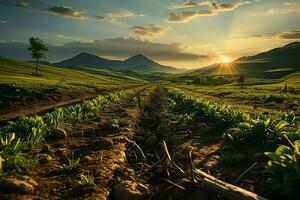 hermosa ver de un té campo plantación, viñedo granja o fresa jardín en el verde colinas a amanecer concepto por ai generado foto