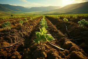 Beautiful view of a tea field plantation, vineyard farm or strawberry garden in the green hills at sunrise concept by AI Generated photo