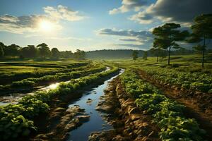 Beautiful view of a tea field plantation, vineyard farm or strawberry garden in the green hills at sunrise concept by AI Generated photo