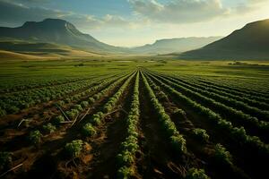 hermosa ver de un té campo plantación, viñedo granja o fresa jardín en el verde colinas a amanecer concepto por ai generado foto