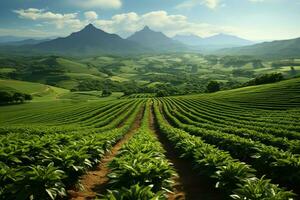 hermosa ver de un té campo plantación, viñedo granja o fresa jardín en el verde colinas a amanecer concepto por ai generado foto